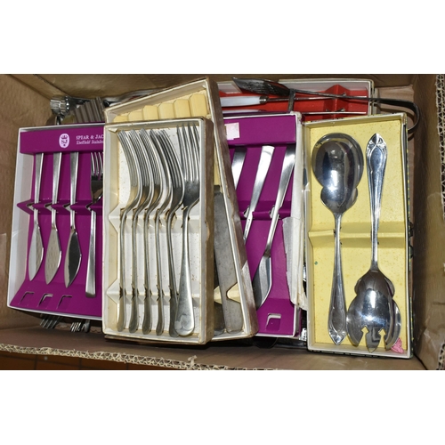 464 - TWO BOXES OF METAL WARES ETC, to include boxed and loose flatware, pewter tankards, stainless steel ... 