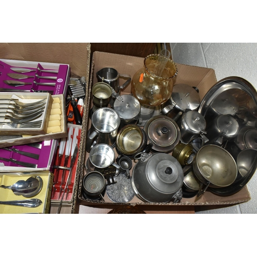 464 - TWO BOXES OF METAL WARES ETC, to include boxed and loose flatware, pewter tankards, stainless steel ... 