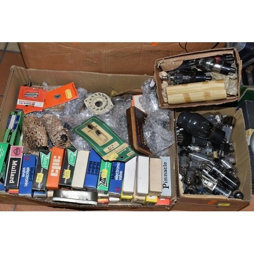 465 - SIX BOXES AND LOOSE VINTAGE ELECTRICAL PARTS AND ACCESSORIES ETC, to include a box of assorted elect... 