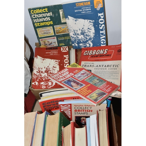 468 - TWO BOXES OF POSTAGE, COIN AND MEDAL BOOKS AND A PARTIALLY RESTORED EARLY 20TH CENTURY PULL-A-LONG H... 