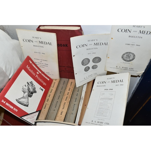 468 - TWO BOXES OF POSTAGE, COIN AND MEDAL BOOKS AND A PARTIALLY RESTORED EARLY 20TH CENTURY PULL-A-LONG H... 