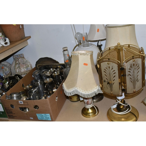 469 - TWO BOXES OF METALWARE AND TABLE LAMPS, to include five table lamps, a brass oil lamp with glass sha... 