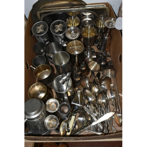 469 - TWO BOXES OF METALWARE AND TABLE LAMPS, to include five table lamps, a brass oil lamp with glass sha... 