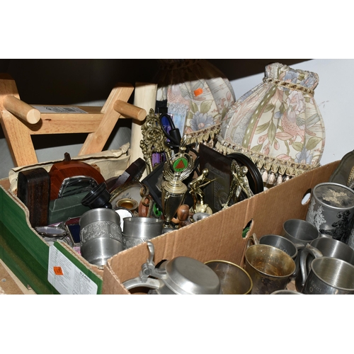 469 - TWO BOXES OF METALWARE AND TABLE LAMPS, to include five table lamps, a brass oil lamp with glass sha... 