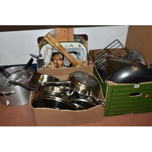 470 - THREE BOXES OF KITCHENWARE, to include stainless steel saucepans, wok, paella pan, serving trays, ha... 