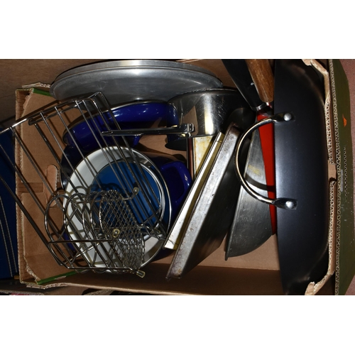 470 - THREE BOXES OF KITCHENWARE, to include stainless steel saucepans, wok, paella pan, serving trays, ha... 