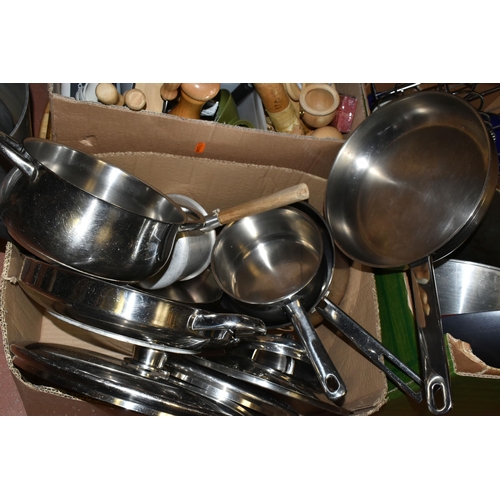 470 - THREE BOXES OF KITCHENWARE, to include stainless steel saucepans, wok, paella pan, serving trays, ha... 