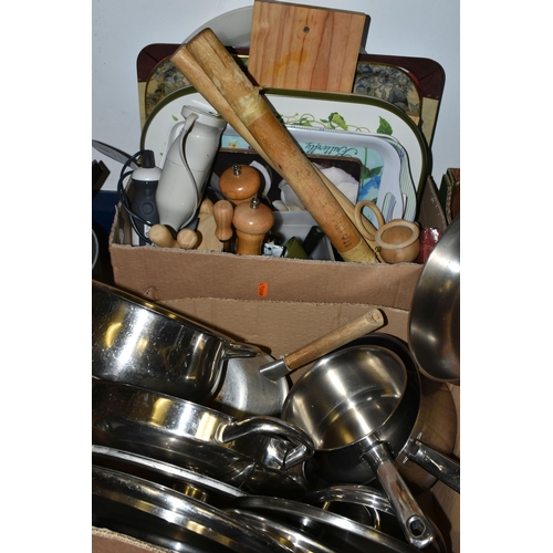 470 - THREE BOXES OF KITCHENWARE, to include stainless steel saucepans, wok, paella pan, serving trays, ha... 