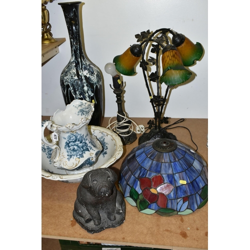 472 - TWO TIFFANY STYLE TABLE LAMPS AND CERAMICS, comprising a large Spanish studio pottery navy blue and ... 