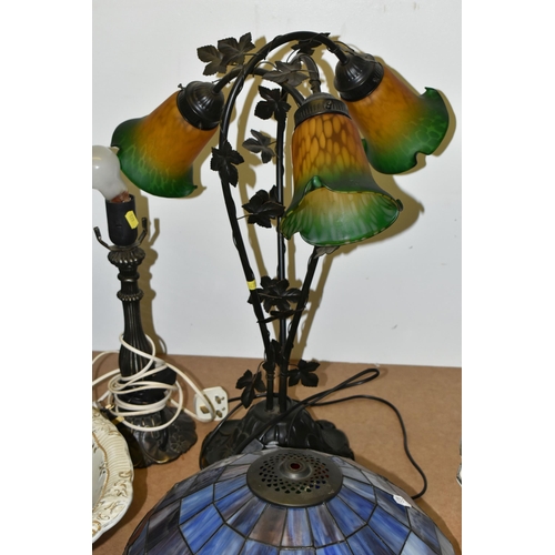 472 - TWO TIFFANY STYLE TABLE LAMPS AND CERAMICS, comprising a large Spanish studio pottery navy blue and ... 