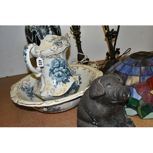 472 - TWO TIFFANY STYLE TABLE LAMPS AND CERAMICS, comprising a large Spanish studio pottery navy blue and ... 