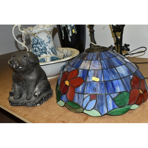 472 - TWO TIFFANY STYLE TABLE LAMPS AND CERAMICS, comprising a large Spanish studio pottery navy blue and ... 