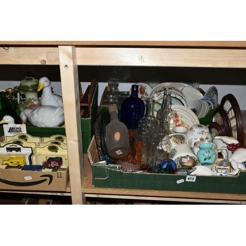 473 - FOUR BOXES OF CERAMICS, GLASSWARE AND BOXED VINTAGE MODEL CARS, to include a pair of ceramic wall pl... 