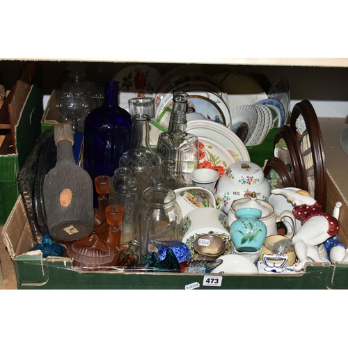 473 - FOUR BOXES OF CERAMICS, GLASSWARE AND BOXED VINTAGE MODEL CARS, to include a pair of ceramic wall pl... 