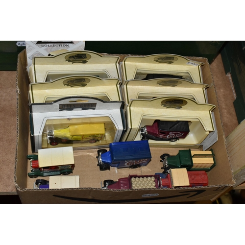 473 - FOUR BOXES OF CERAMICS, GLASSWARE AND BOXED VINTAGE MODEL CARS, to include a pair of ceramic wall pl... 