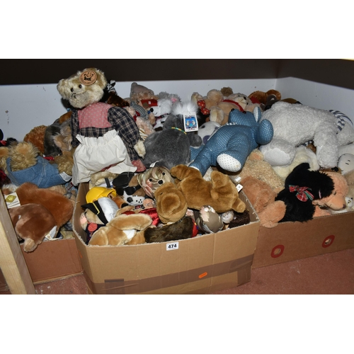 474 - FIVE BOXES OF SOFT TOYS AND TEDDY BEARS, to include an S.J. Meadows handmade floral bear 'Bamser' 8/... 