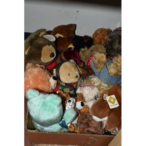 474 - FIVE BOXES OF SOFT TOYS AND TEDDY BEARS, to include an S.J. Meadows handmade floral bear 'Bamser' 8/... 