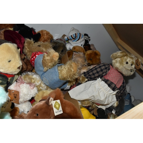 474 - FIVE BOXES OF SOFT TOYS AND TEDDY BEARS, to include an S.J. Meadows handmade floral bear 'Bamser' 8/... 