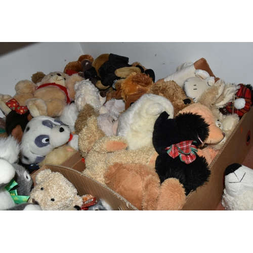 474 - FIVE BOXES OF SOFT TOYS AND TEDDY BEARS, to include an S.J. Meadows handmade floral bear 'Bamser' 8/... 