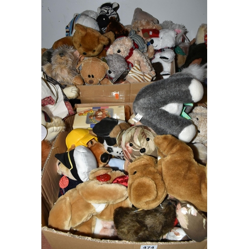 474 - FIVE BOXES OF SOFT TOYS AND TEDDY BEARS, to include an S.J. Meadows handmade floral bear 'Bamser' 8/... 