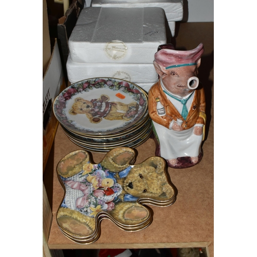 481 - TWO BOXES OF CERAMICS AND GLASSWARE, to include cut glass vases and rose bowl, boxed collector's pla... 