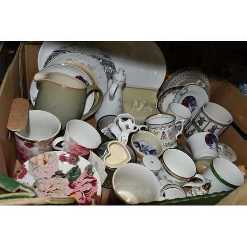 482 - THREE BOXES OF CERAMICS, to include The Sanderson Gallery cups and saucers, large oval meat plates, ... 