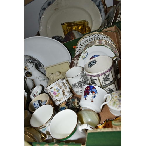 482 - THREE BOXES OF CERAMICS, to include The Sanderson Gallery cups and saucers, large oval meat plates, ... 