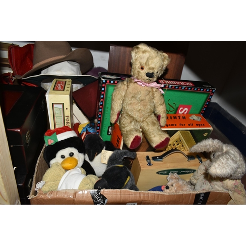 483 - THREE BOXES OF VINTAGE SOFT TOYS, BOARD GAMES AND WOODEN BOXES, to include a jointed bear with hand ... 