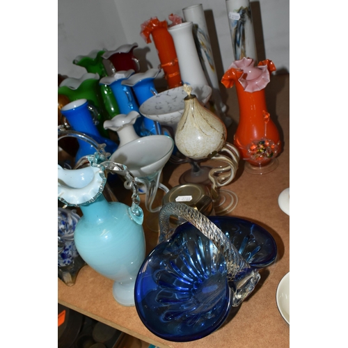 487 - A GROUP OF COLOURED GLASSWARE, comprising an opaque blue and white glass jug with a clear frilled ha... 