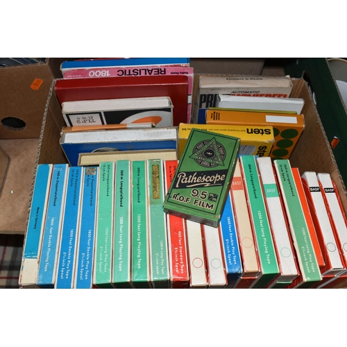 488 - FOUR BOXES OF VINTAGE FILM REELS, to include a quantity of boxed BASF long play tapes TYP LGS 35, Ph... 