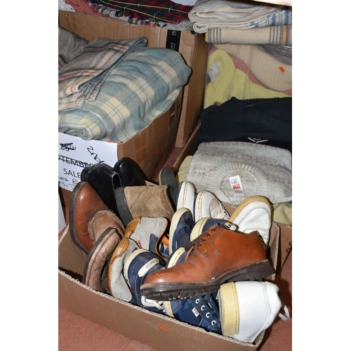 489 - FIVE BOXES OF TEXTILES, SHOES AND CLOTHING, to include a large quantity of vintage woollen blankets ... 