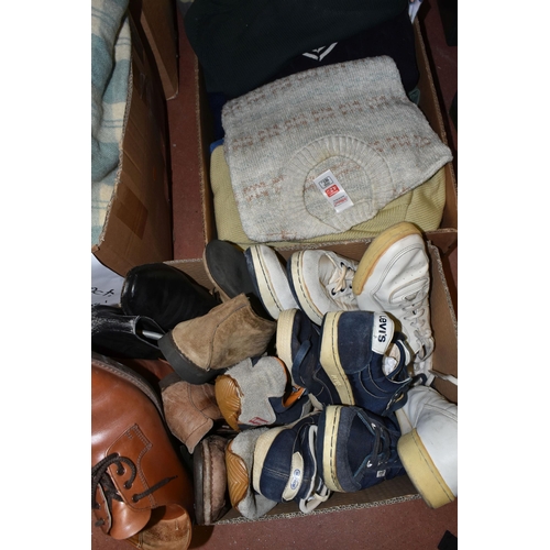 489 - FIVE BOXES OF TEXTILES, SHOES AND CLOTHING, to include a large quantity of vintage woollen blankets ... 