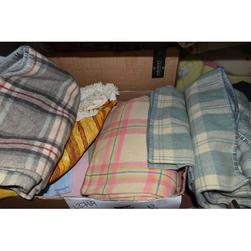 489 - FIVE BOXES OF TEXTILES, SHOES AND CLOTHING, to include a large quantity of vintage woollen blankets ... 