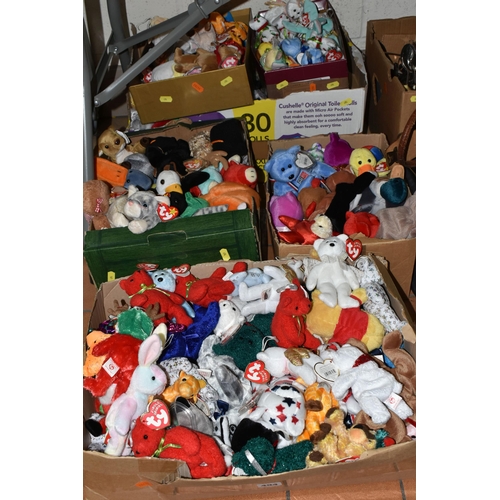 494 - SIX BOXES OF TY BEANIE BABIES ETC, to include bears, ducks and rabbits (6 boxes)