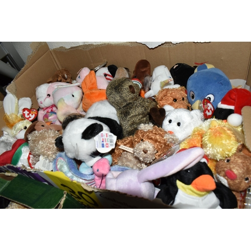 494 - SIX BOXES OF TY BEANIE BABIES ETC, to include bears, ducks and rabbits (6 boxes)