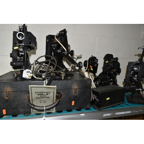 495 - FIVE VINTAGE PATHESCOPE CINE PROJECTORS, one has a 9.5mm reel attached, they may all be 9.5mm, for s... 