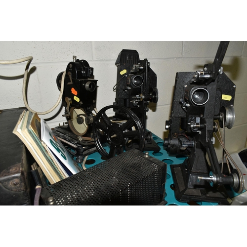 495 - FIVE VINTAGE PATHESCOPE CINE PROJECTORS, one has a 9.5mm reel attached, they may all be 9.5mm, for s... 