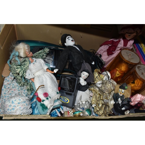 496 - TWO BOXES OF TOYS AND BOOKS ETC, to include a Maisto diecast Jaguar XJ220 1/12 scale, small modern b... 