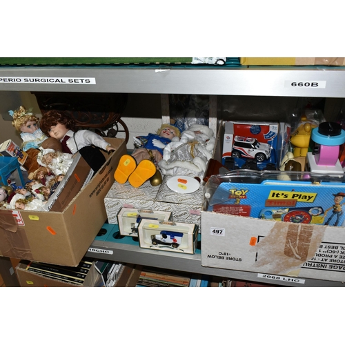 497 - TWO BOXES AND LOOSE COLLECTABLE DOLLS, TRAINS AND FIGURES ETC, to include Alberon and Leonardo dolls... 