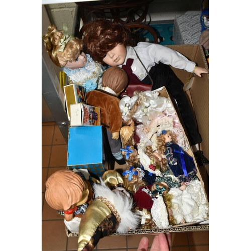 497 - TWO BOXES AND LOOSE COLLECTABLE DOLLS, TRAINS AND FIGURES ETC, to include Alberon and Leonardo dolls... 