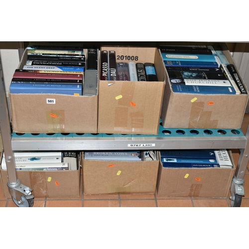 501 - SIX BOXES OF BOOKS containing approximately sixty-eight miscellaneous titles in hardback format on t... 