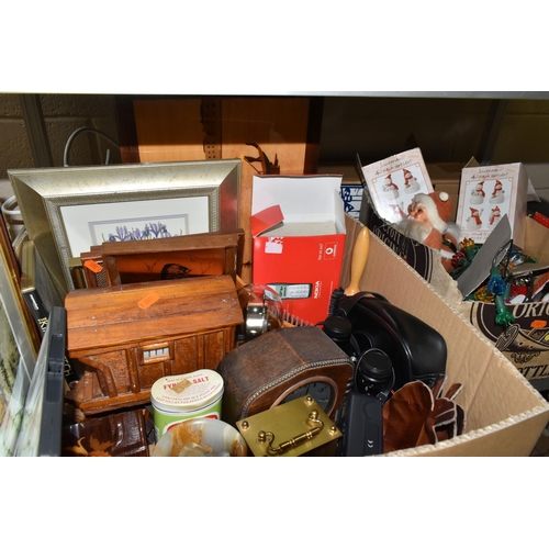 502 - THREE BOXES AND LOOSE VINTAGE CHRISTMAS DECORATIONS, MANTEL CLOCK, STOOL, AND SUNDRY ITEMS, to inclu... 