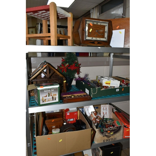 502 - THREE BOXES AND LOOSE VINTAGE CHRISTMAS DECORATIONS, MANTEL CLOCK, STOOL, AND SUNDRY ITEMS, to inclu... 