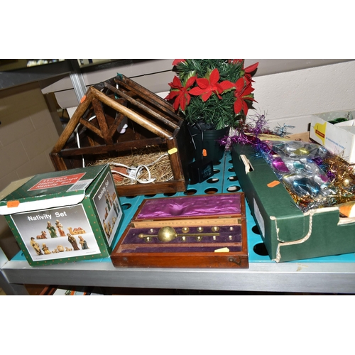 502 - THREE BOXES AND LOOSE VINTAGE CHRISTMAS DECORATIONS, MANTEL CLOCK, STOOL, AND SUNDRY ITEMS, to inclu... 