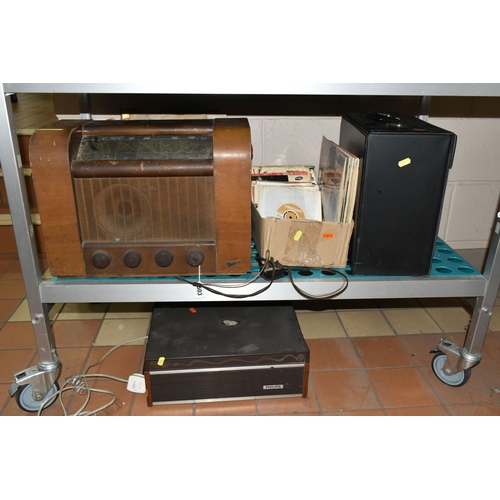 503 - TWO BOXES, A CASE AND LOOSE RECORDS, VINTAGE RADIO AND REEL TO REEL TAPE RECORDER, to include thirty... 