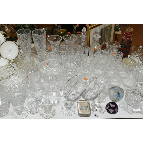 508 - A QUANTITY OF CUT CRYSTAL AND OTHER GLASS WARES, over sixty pieces, to include a Mdina orange and bl... 