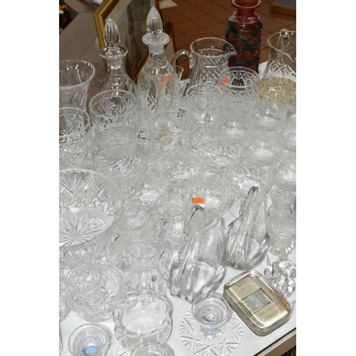 508 - A QUANTITY OF CUT CRYSTAL AND OTHER GLASS WARES, over sixty pieces, to include a Mdina orange and bl... 