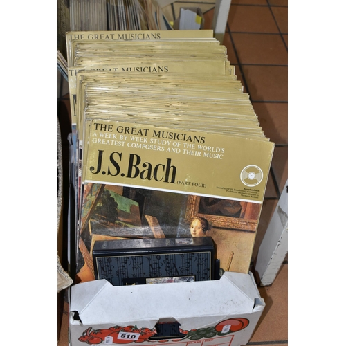 510 - TWO BOXES OF CLASSICAL MUSIC LP RECORDS, containing over ninety LPs, eighty-six from The Great Music... 