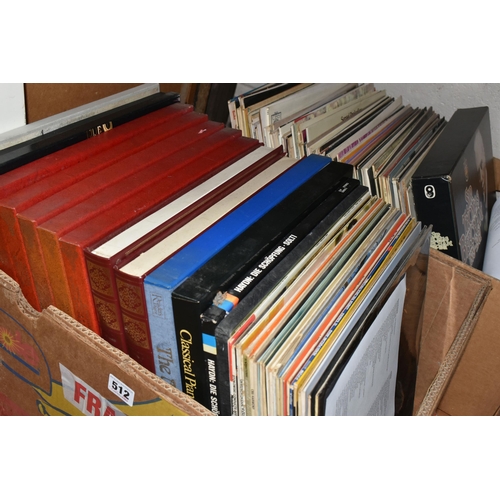 512 - TWO BOXES AND LOOSE RECORDS AND A FRAMED PRINT, to include approximately one hundred and twenty clas... 