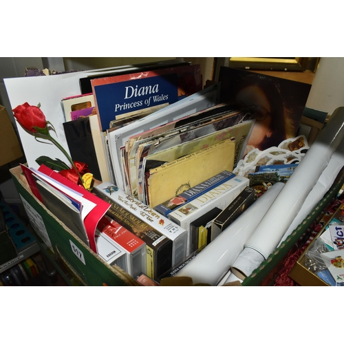 517 - SEVEN BOXES AND LOOSE BOOKS, EPHEMERA, BADGES AND SUNDRY ITEMS, to include over fifty books with tit... 